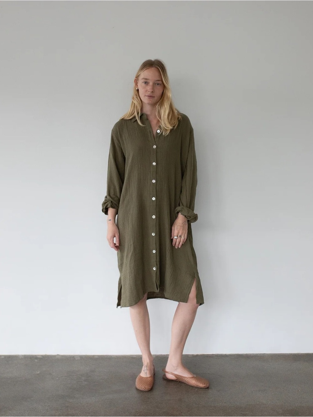 Honest Cotton Olive Shell Shirt Dress Long Sleeves One Size